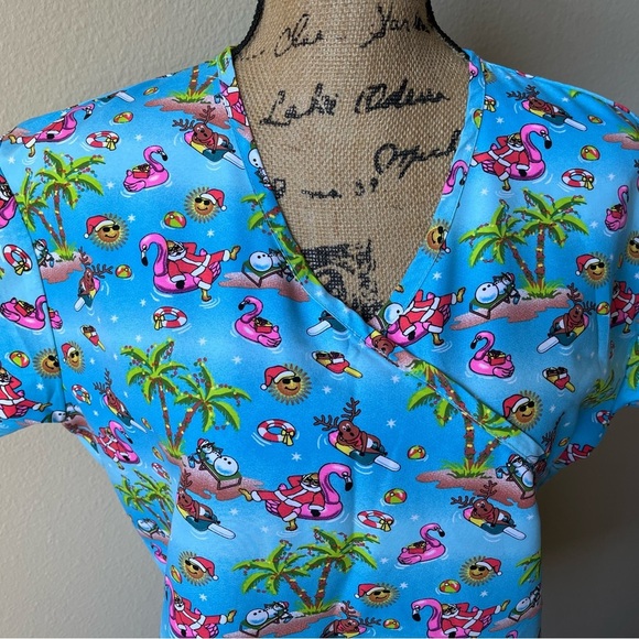 Festive Christmas Flamingo and Santa Print Scrub Top - Picture 4 of 9